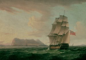 رجل حرب بريطاني قبل صخرة جبل طارق بواسطة توماس ويتكومب